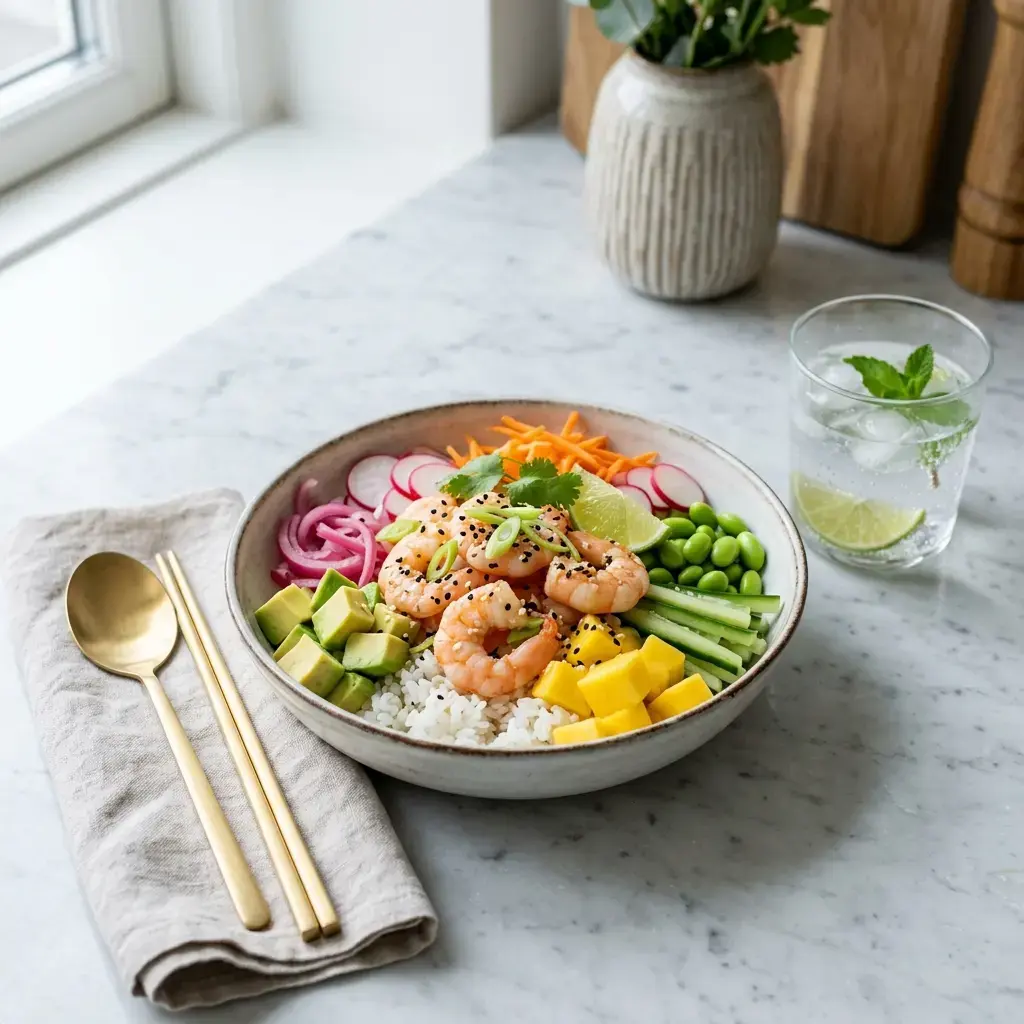 Fotografia hotového jedla k receptu Poke bowl s krevetami
